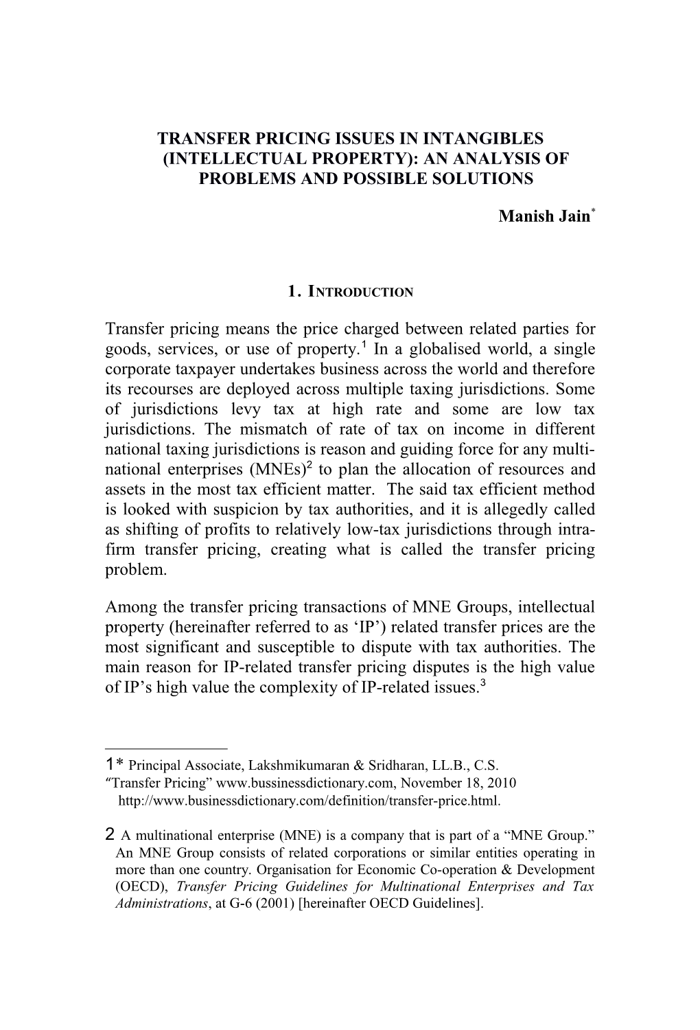 1Transfer Pricing Issues in Intangibles: an Analysis