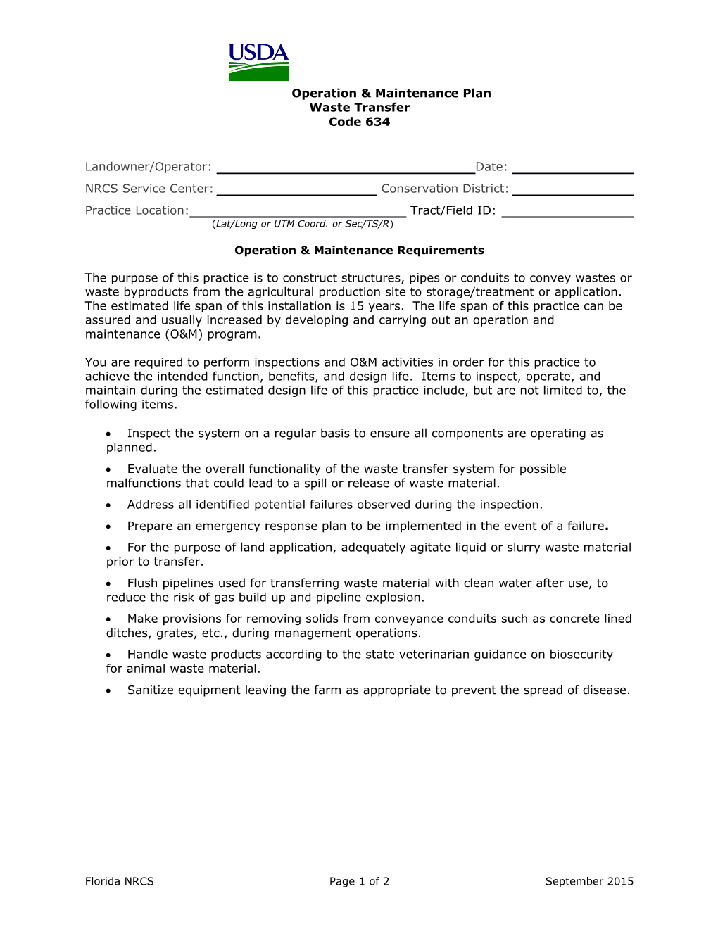 Operation and Maintenance Plan Short Term Storage of Animal Waste and Byproducts, Code 318