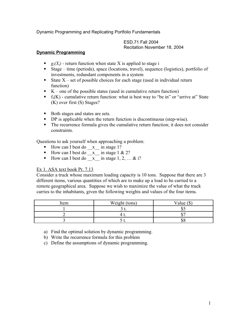 Dynamic Programming and Replicating Portfolio Fundamentals