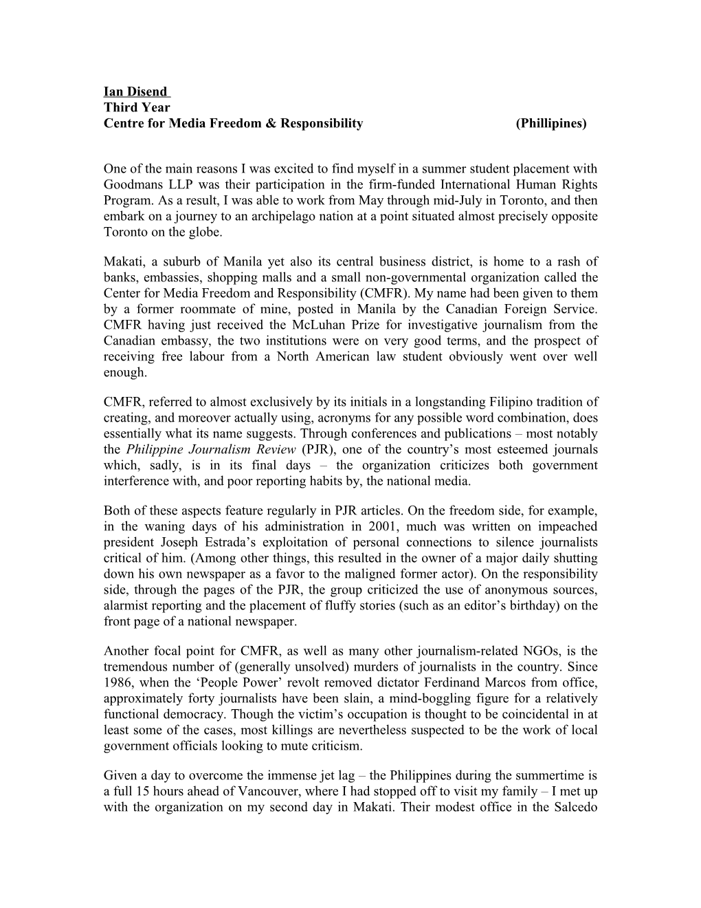 Report on IHRP Stay in Manila, Philippines