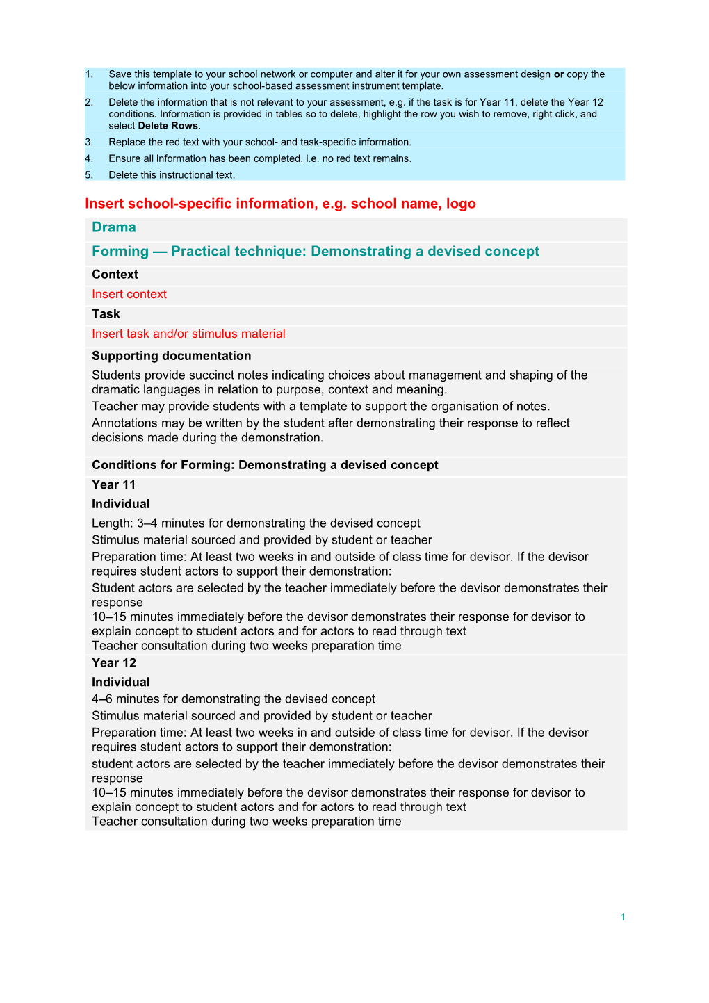 Drama (2013) Assessment Design Template: Forming Practical Technique: Demonstrating a Devised