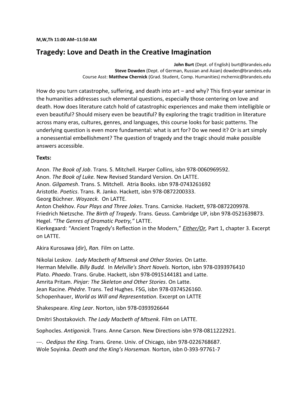 Tragedy: Love and Death in the Creative Imagination