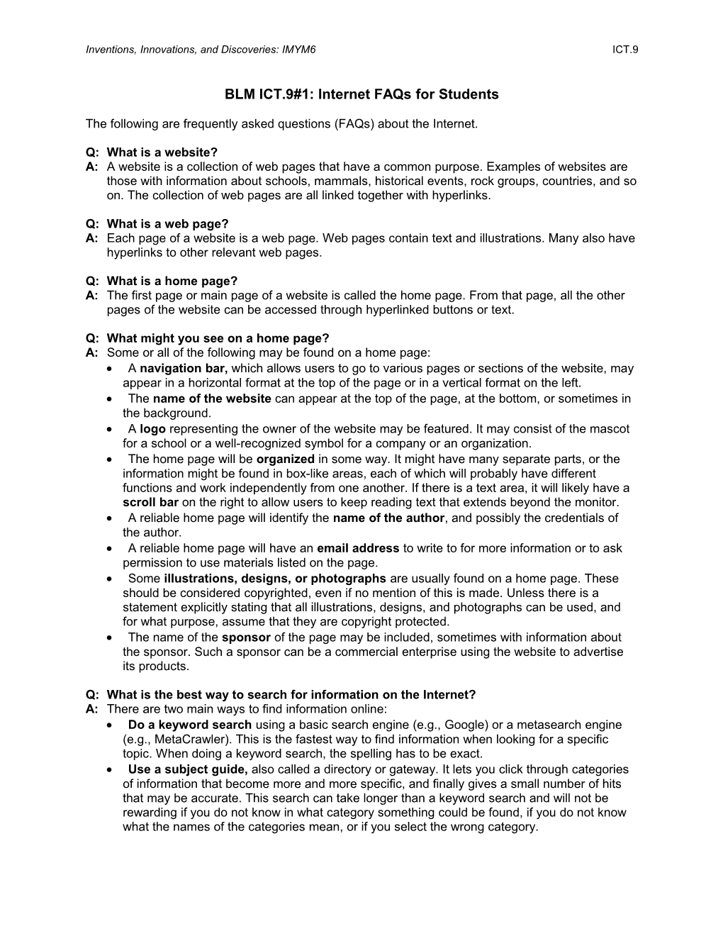 BLM ICT.9#1: Internet Faqs for Students