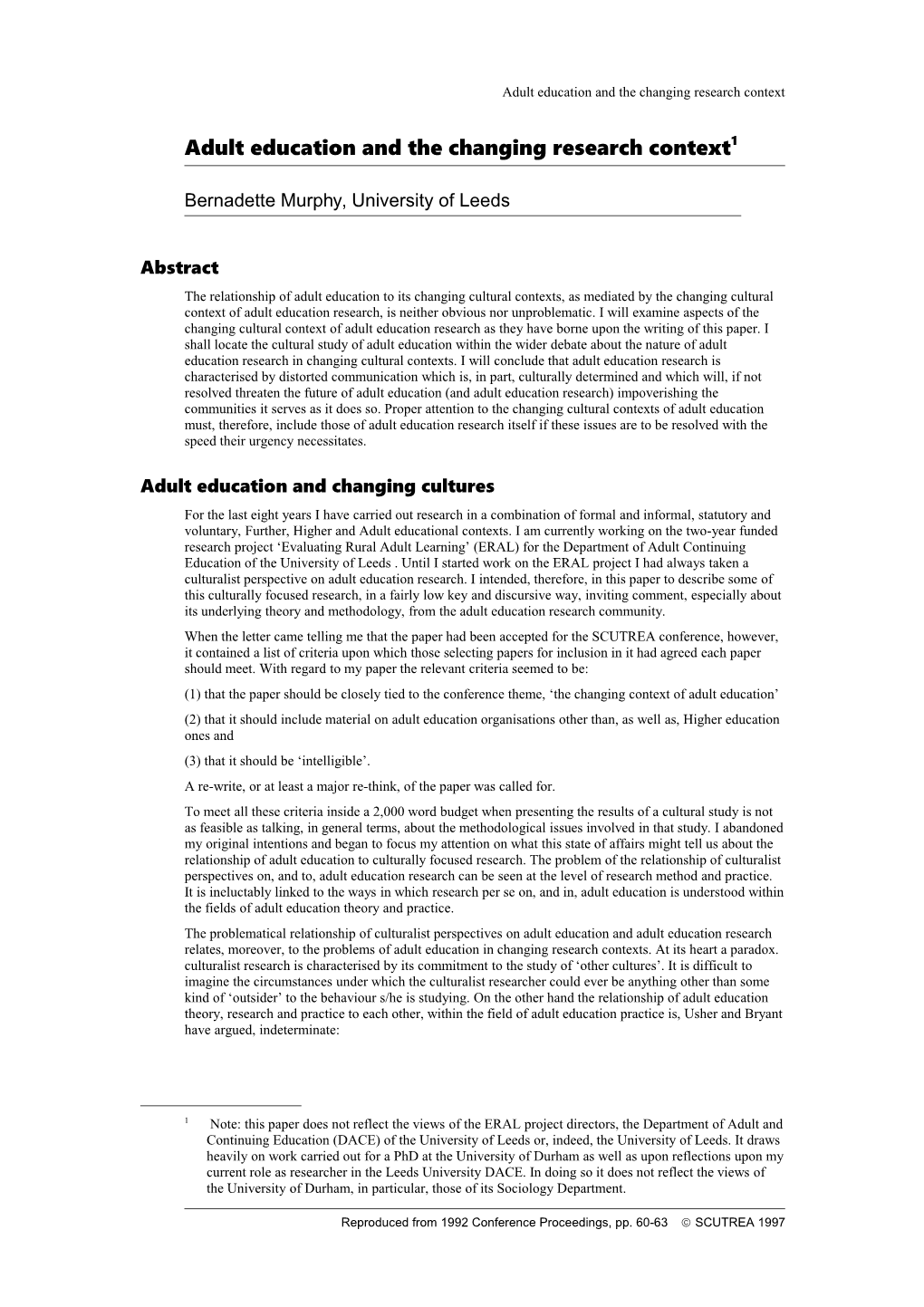 Adult Education and the Changing Research Context 1