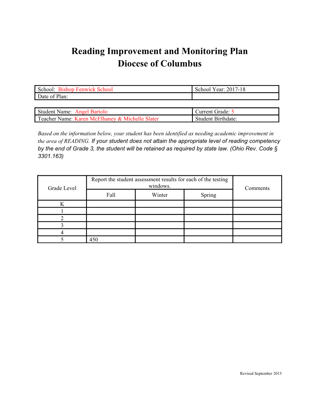 Reading Improvement and Monitoring Plan