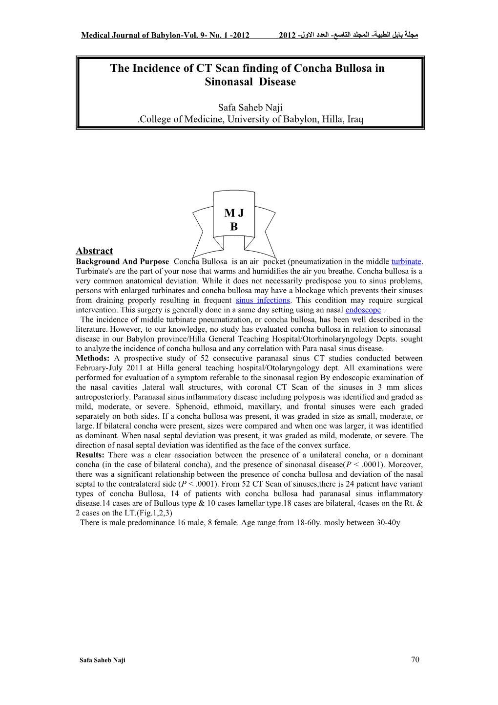 Medical Journal of Babylon-Vol. 9- No. 1 -2012 مجلة بابل الطبية- المجلد التاسع- العدد