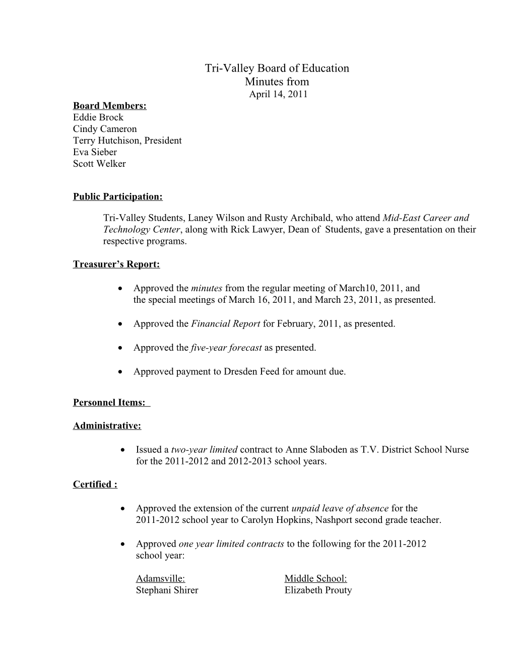 Tri-Valley Board of Education Agenda April 14, 2011