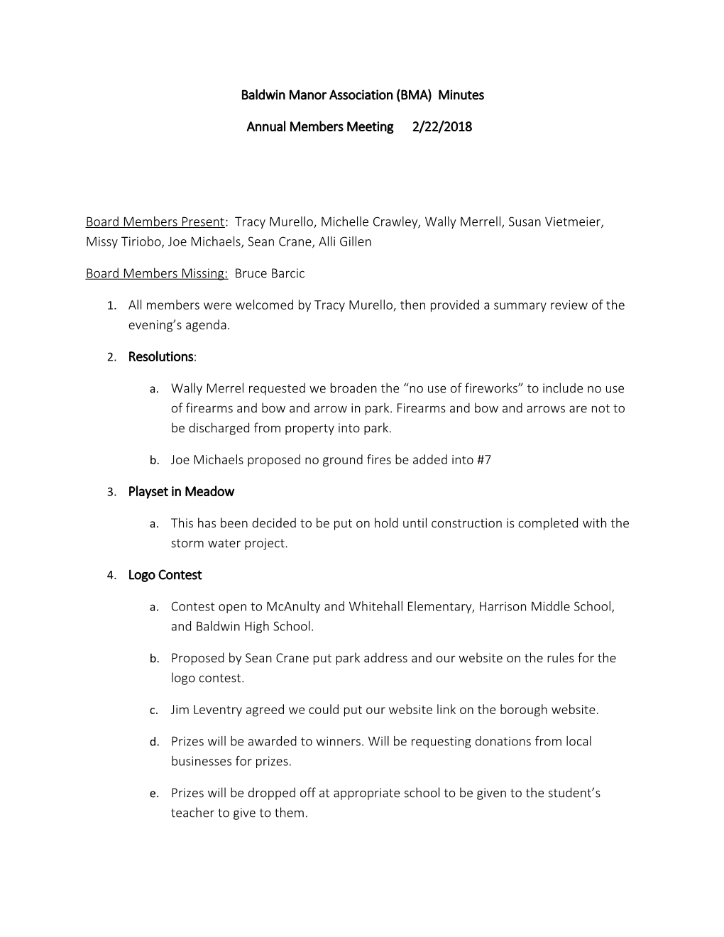 Baldwin Manor Association (BMA) Minutes