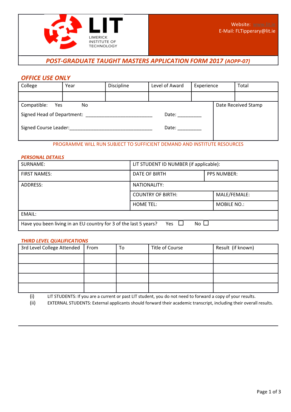 Postgraduate Taught Msc in Strength and Conditioning Application Form 2015