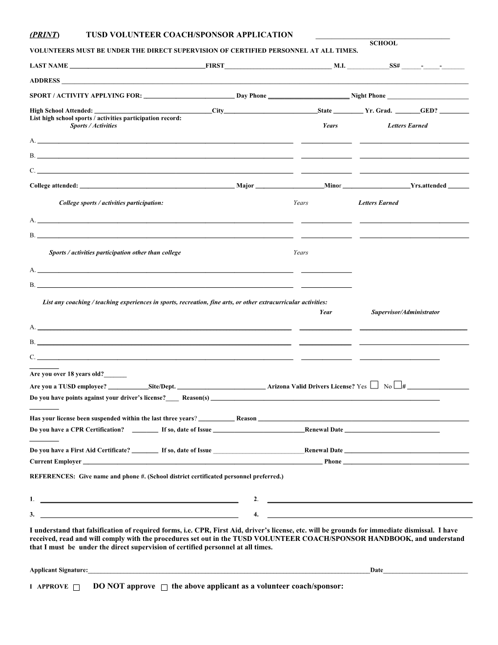 (Print) Tusd Volunteer Coach/Sponsor Application ______