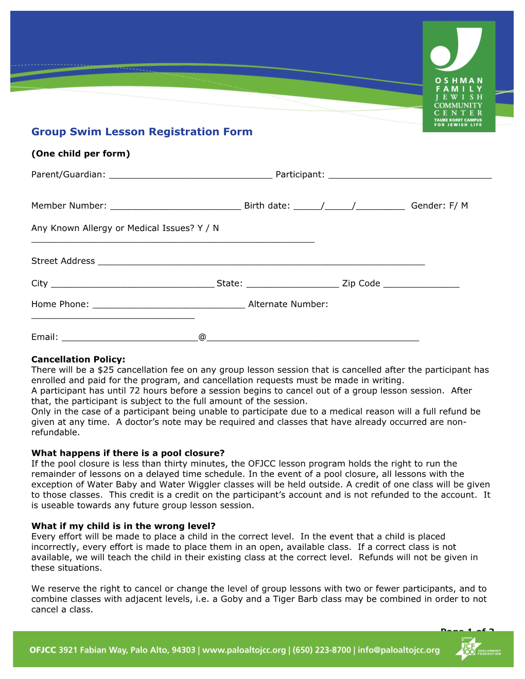 Group Swim Lesson Registration Form