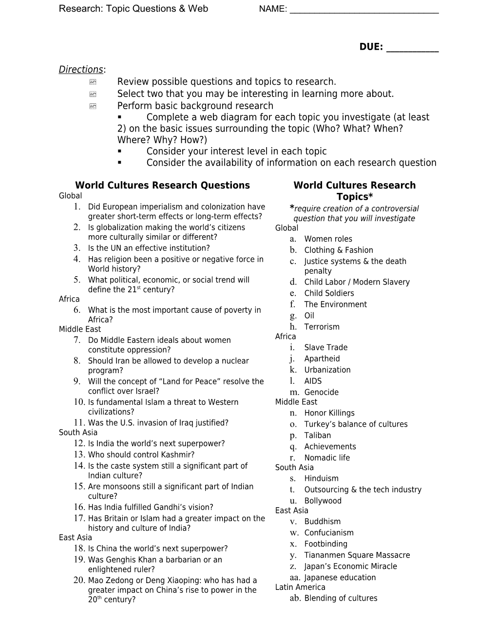 World Cultures Research Questions