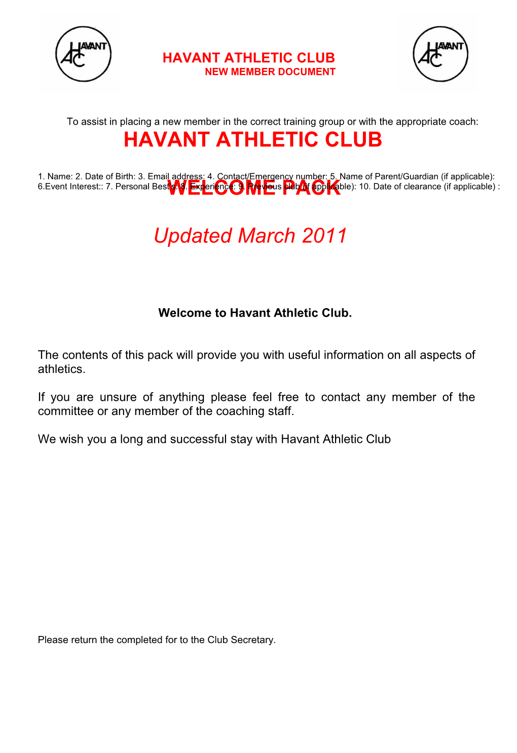 Welcome to Havant Athletic Club