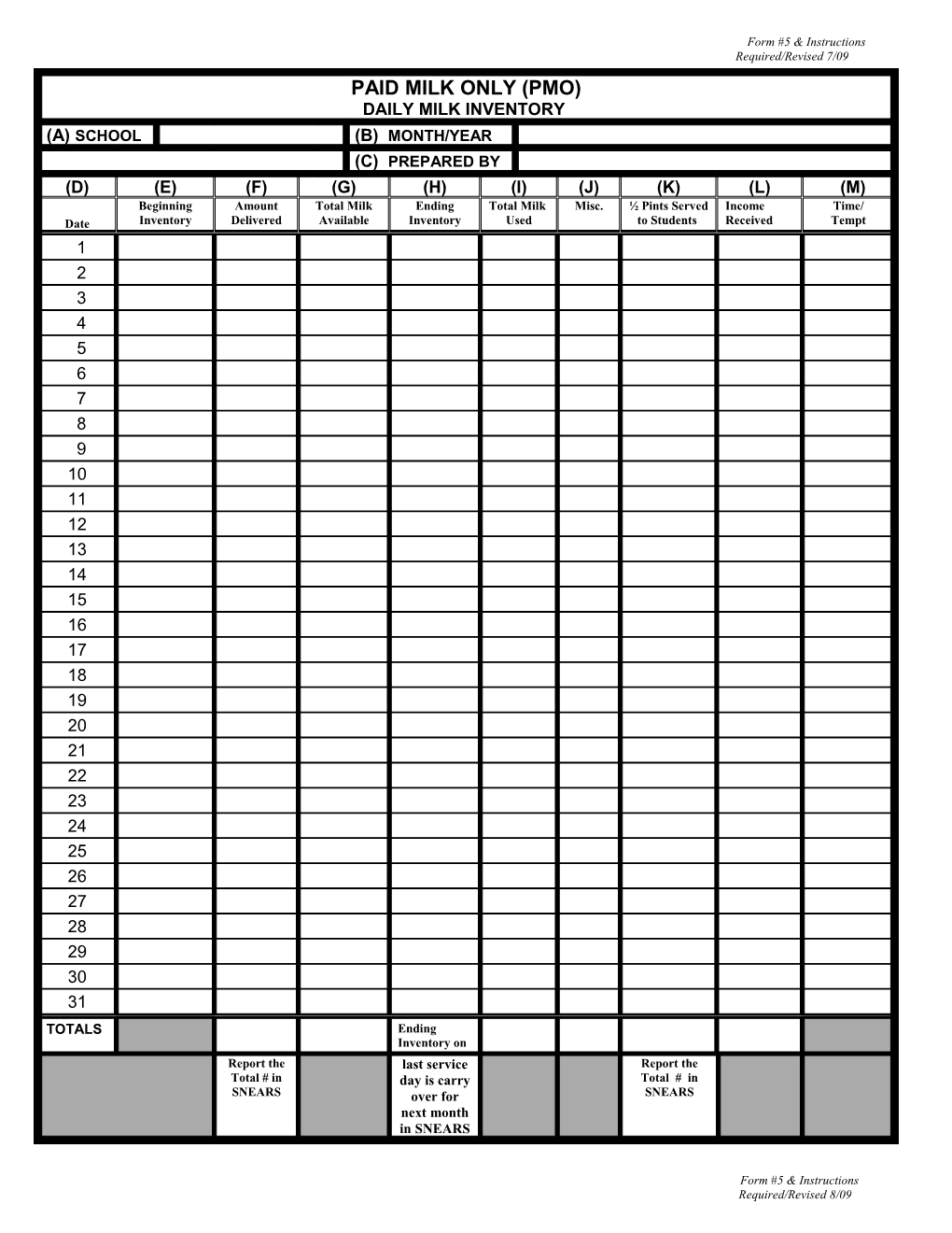 Daily Milk Count Worksheet