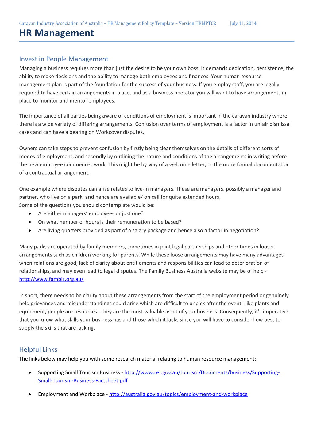 Caravan Industry Association of Australia HR Management Policy Template Version HRMPT02