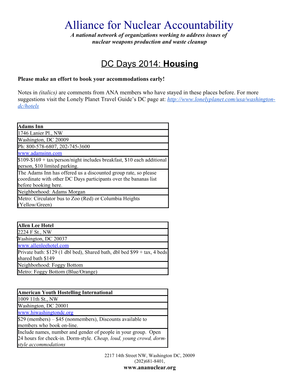 Lodging Save the Date DC Days