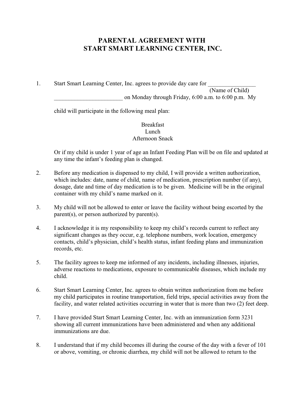 Parental Agreement with Child Care Facility