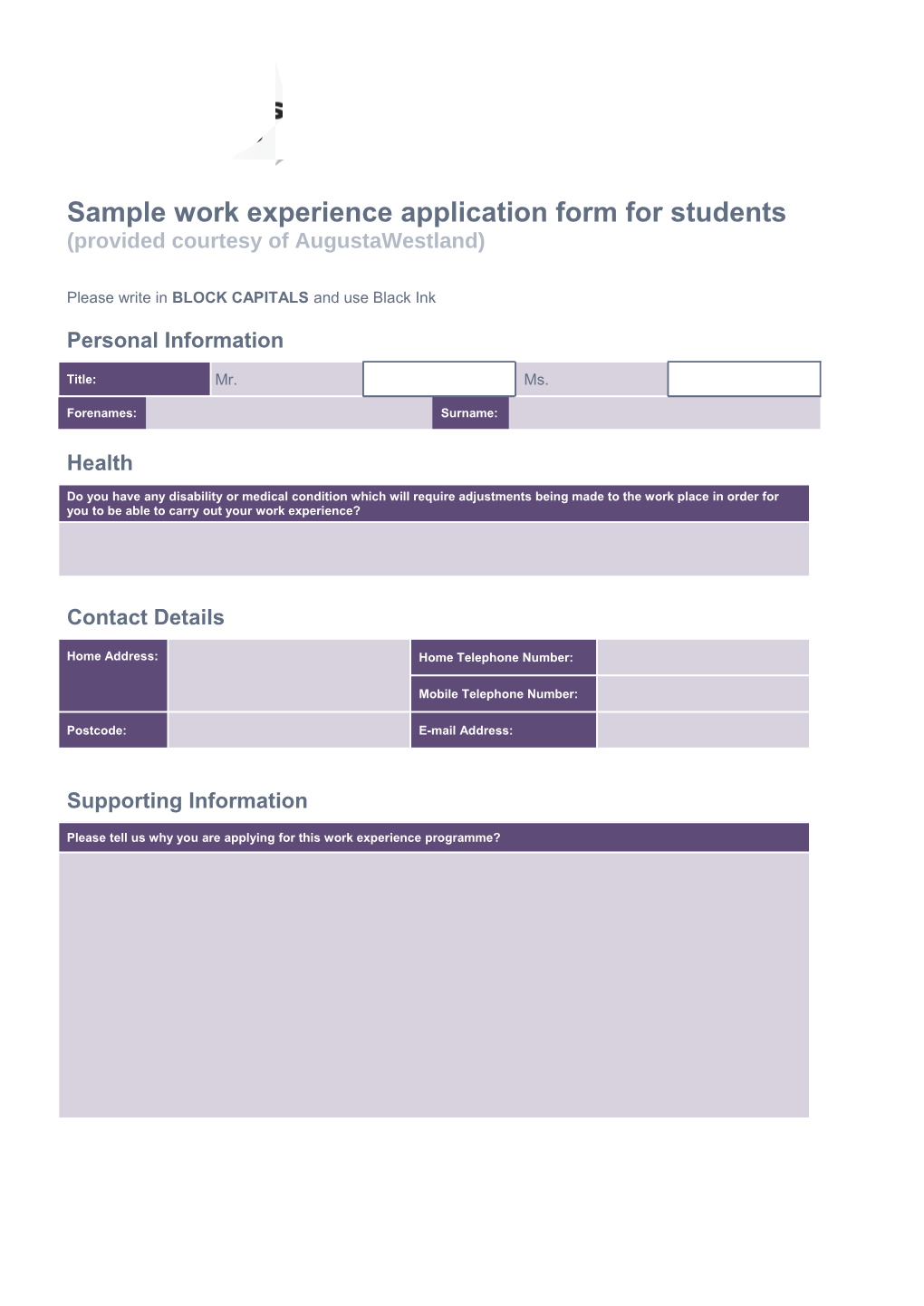 Sample Work Experience Application Form for Students