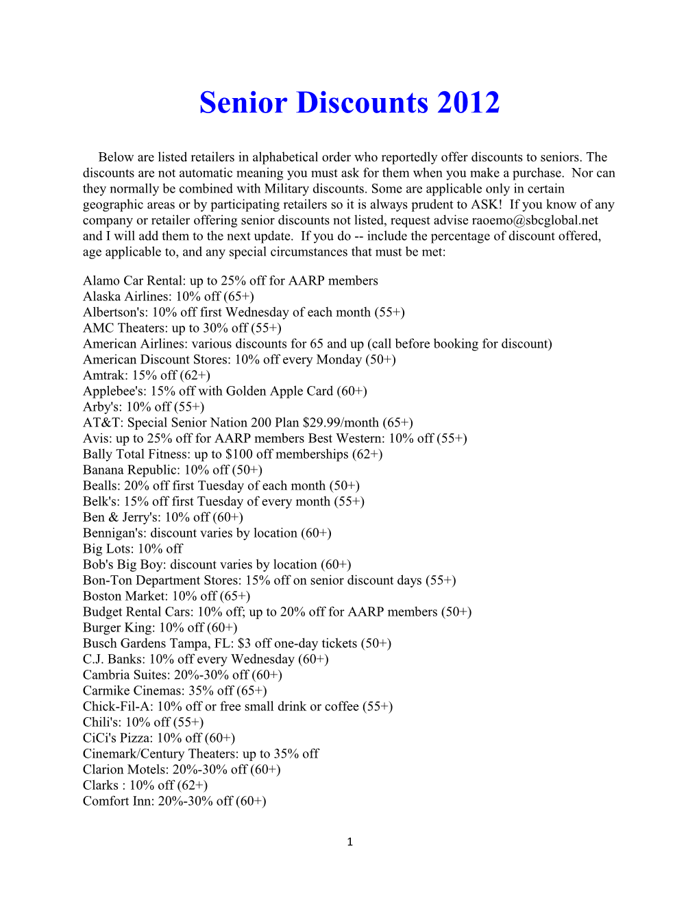 Senior Discounts 2012