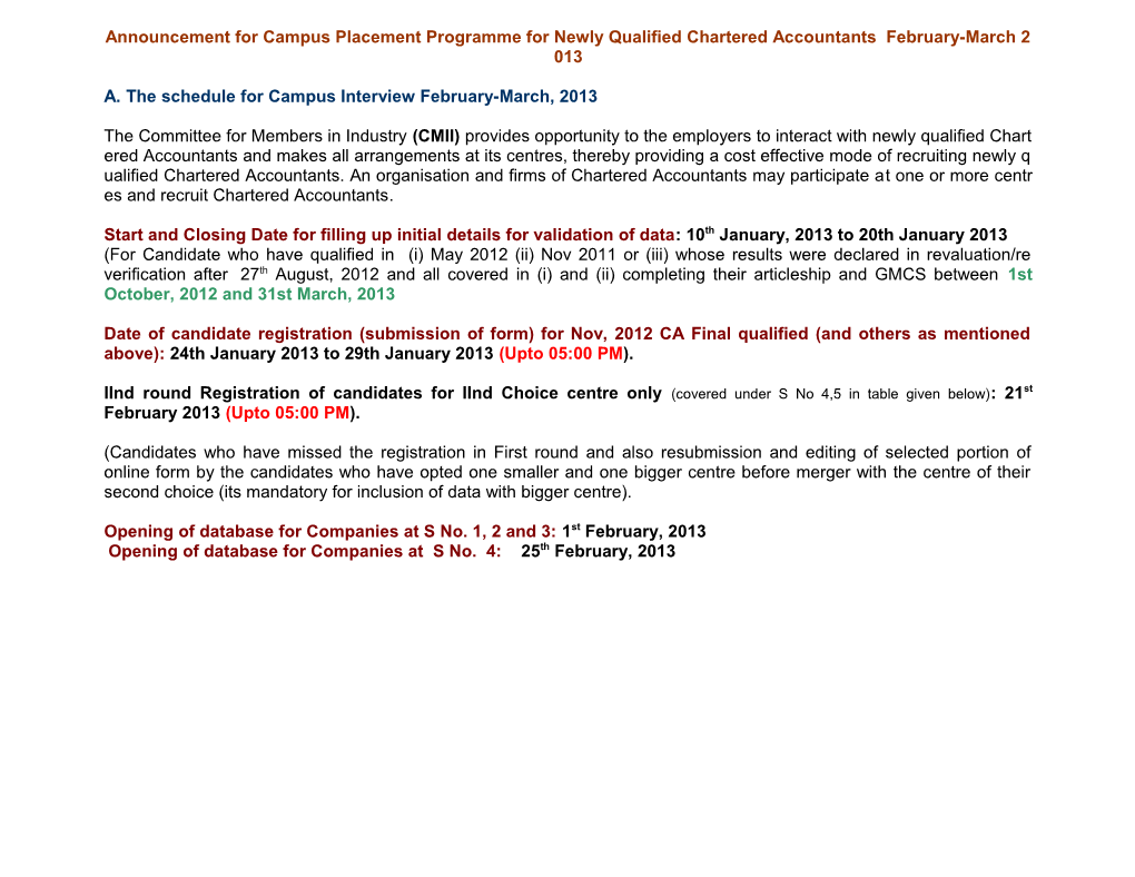 Announcement for Campus Placement Programme for Newly Qualified Chartered Accountants