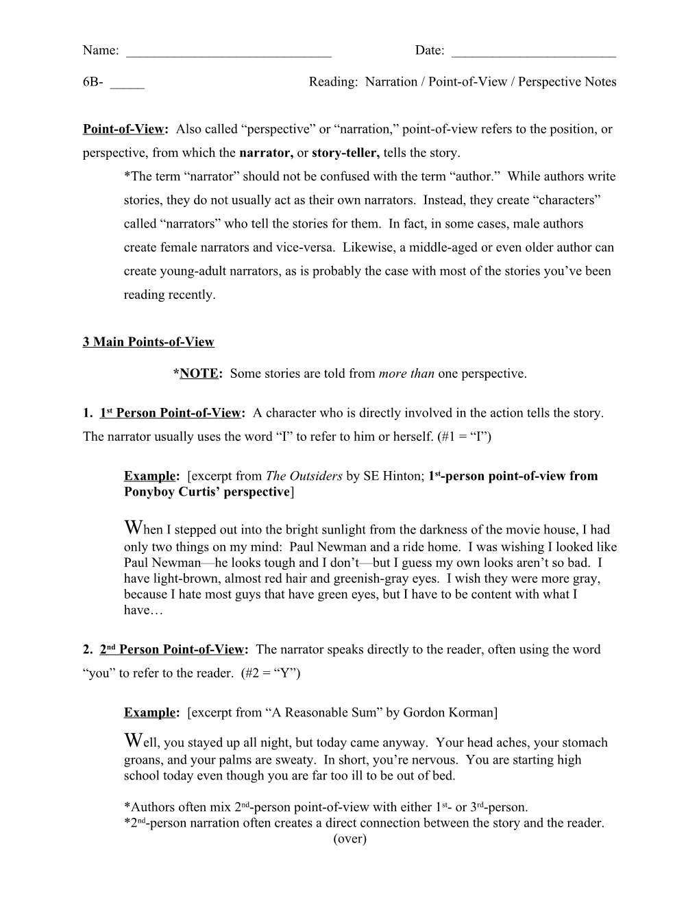 6B- _____ Reading: Narration / Point-Of-View / Perspective Notes