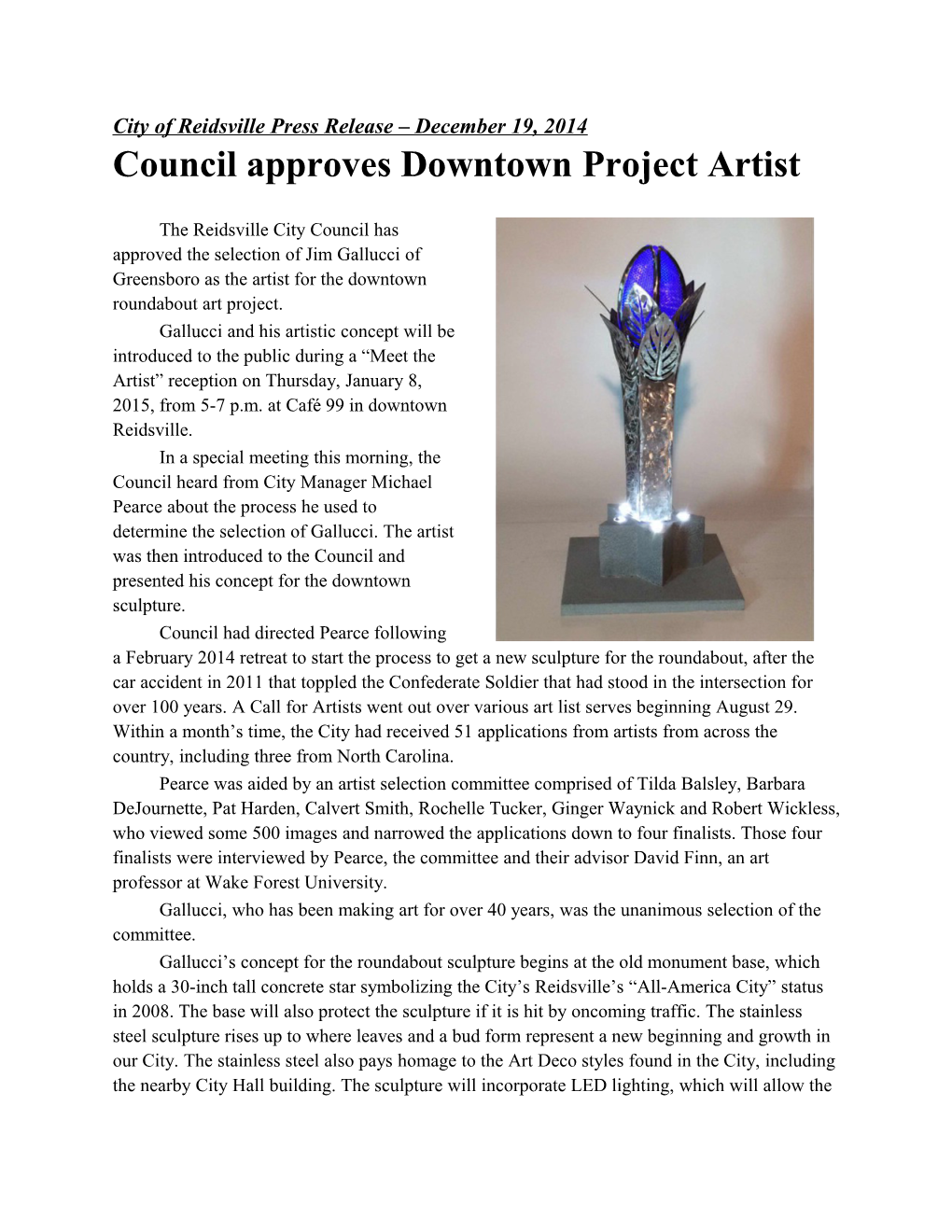 Council Approves Downtown Project Artist