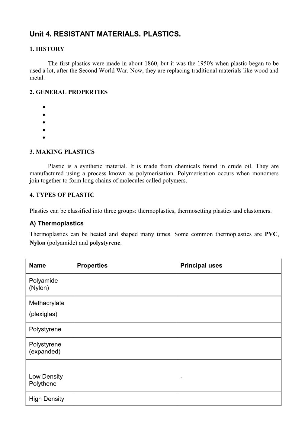 Unit 4. RESISTANT MATERIALS. PLASTICS