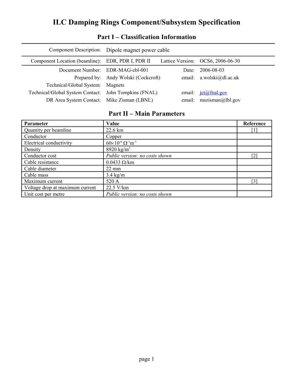 ILC Damping Rings Component Specification