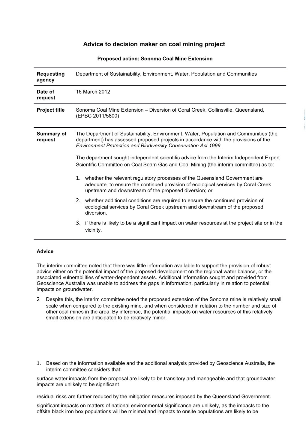 Advice to Decision Maker on Coal Mining Project Proposed Action: Sonoma Coal Mine Extension