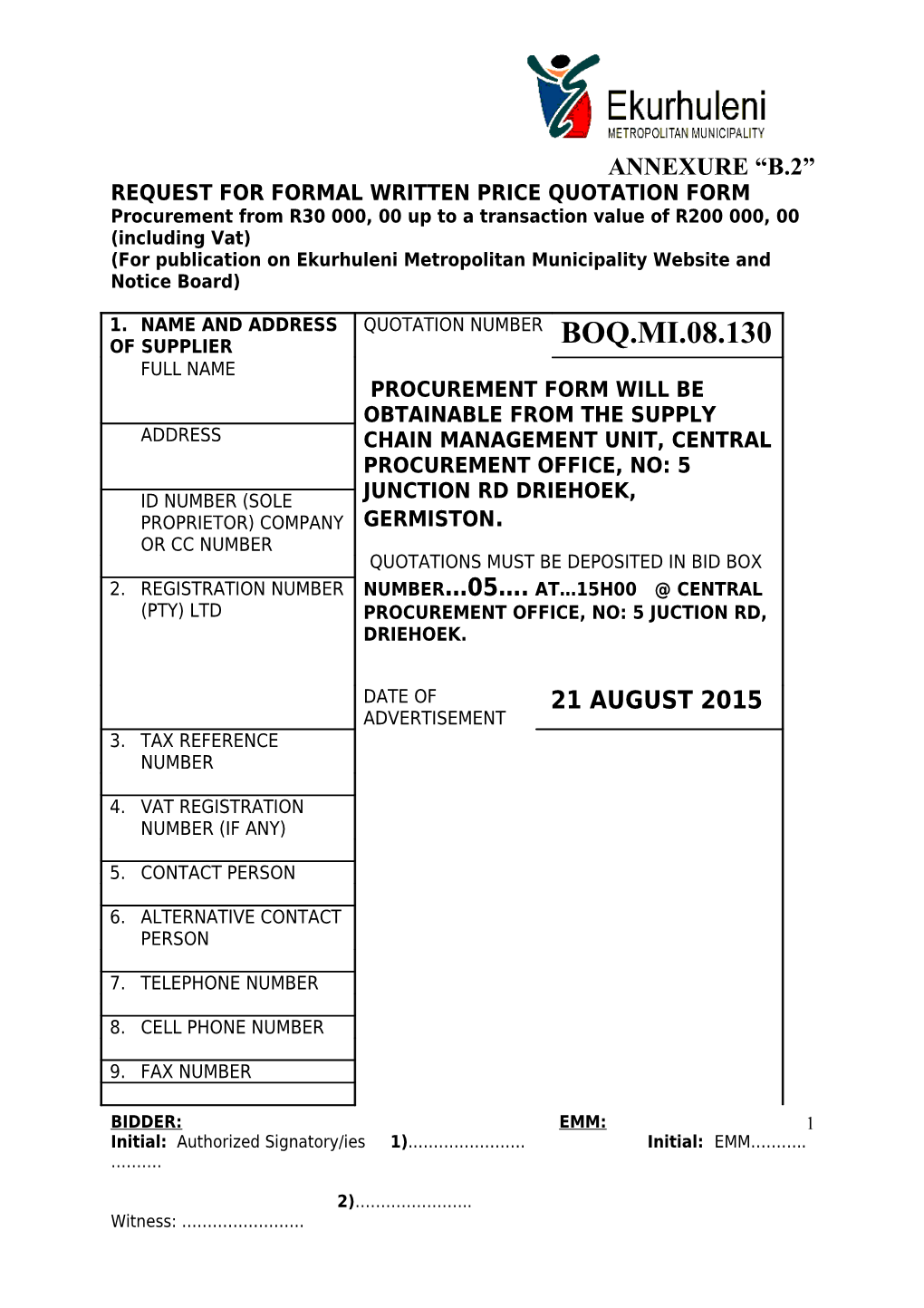 Request for Formal Written Price Quotation Form