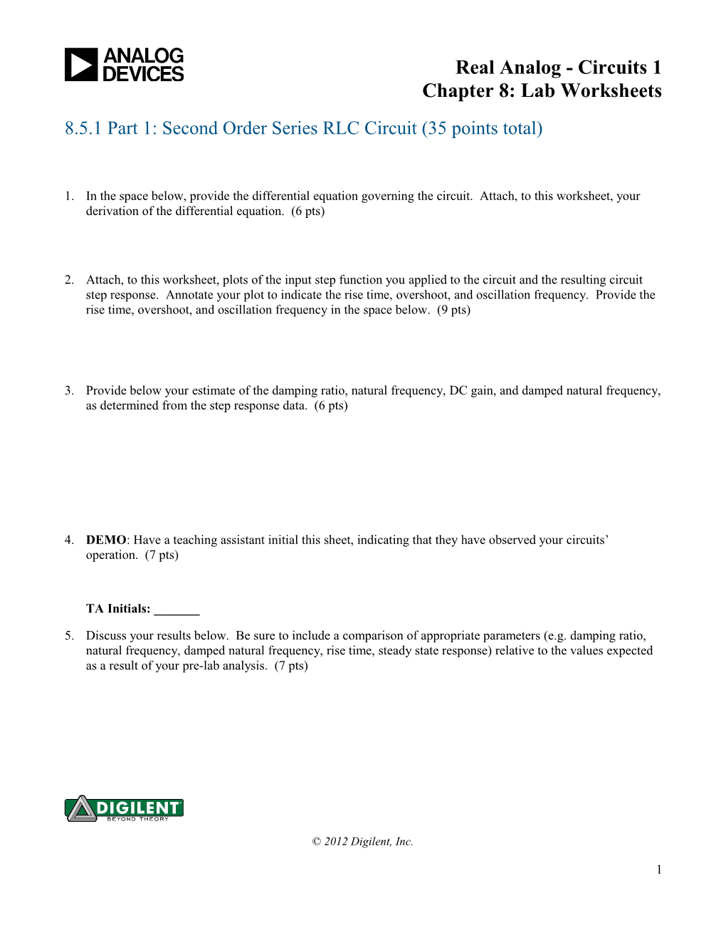 8.5.1 Part 1: Second Order Series RLC Circuit (35 Points Total)