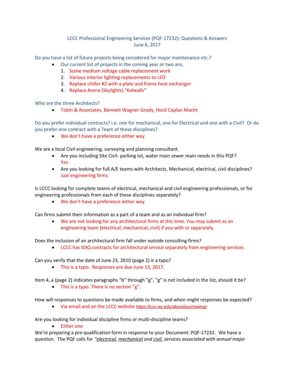 LCCC Professional Engineering Services (PQF-17232): Questions & Answers