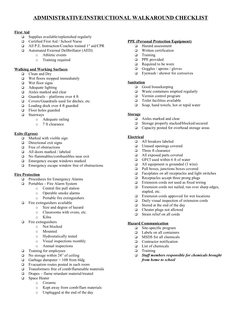 Food Service Walkaround Checklist