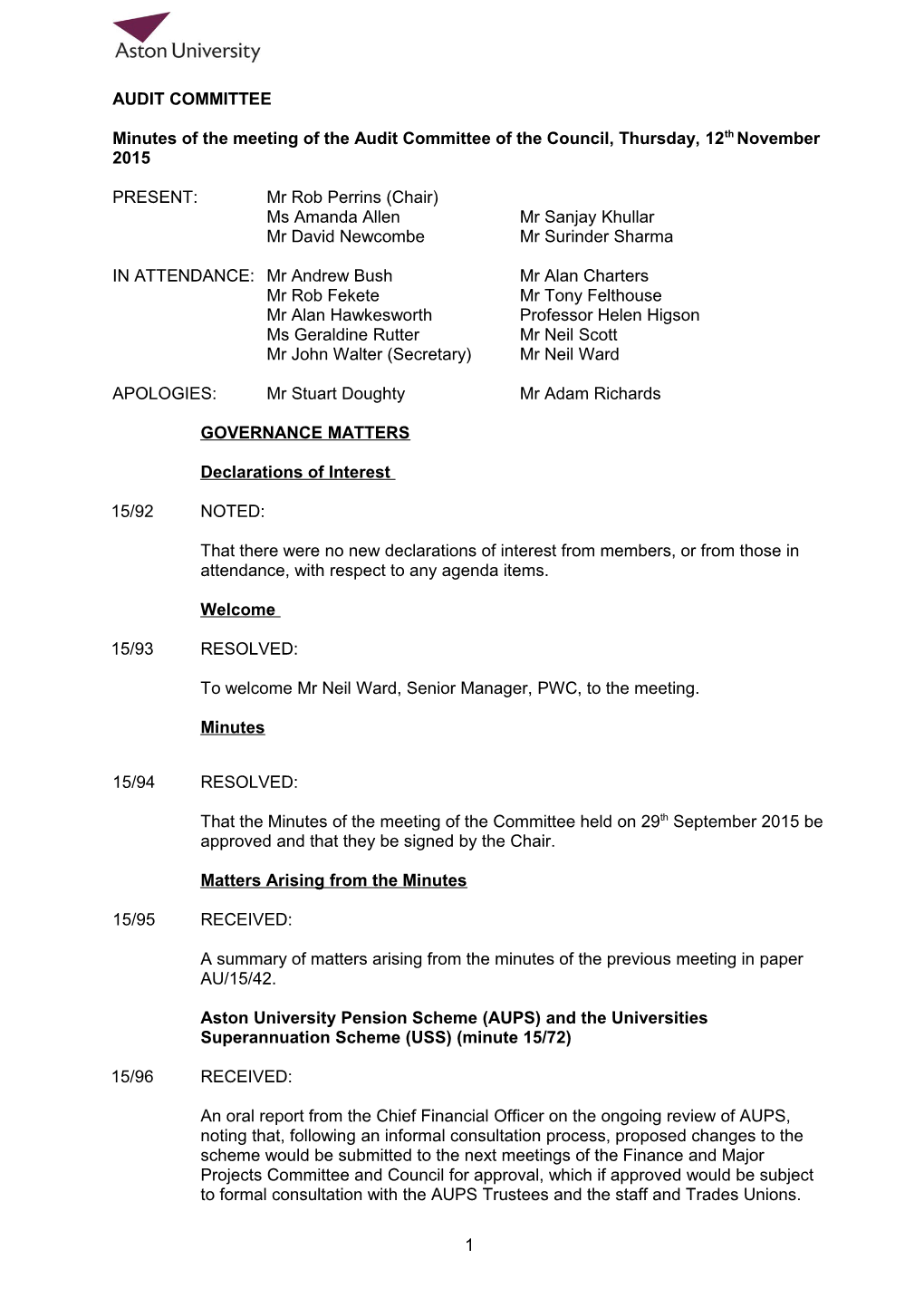 Minutes of the Meeting of the Audit Committee of the Council, Thursday, 12Thnovember2015