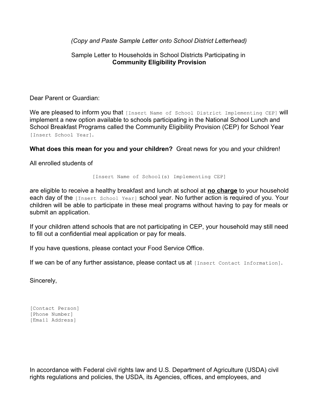Sample Letter to Households for CEO Schools/Districts
