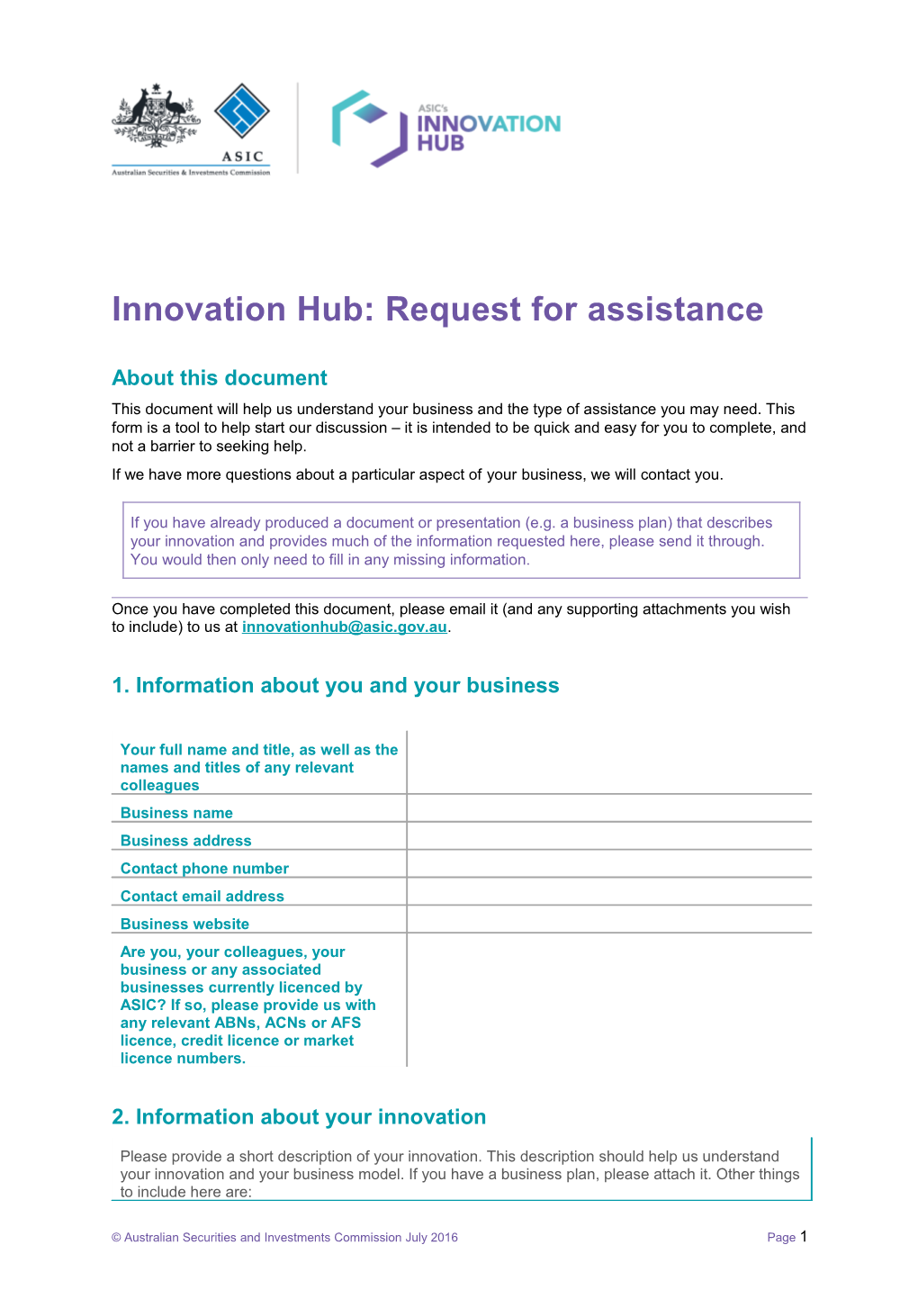 Innovation Hub - Request for Assistance