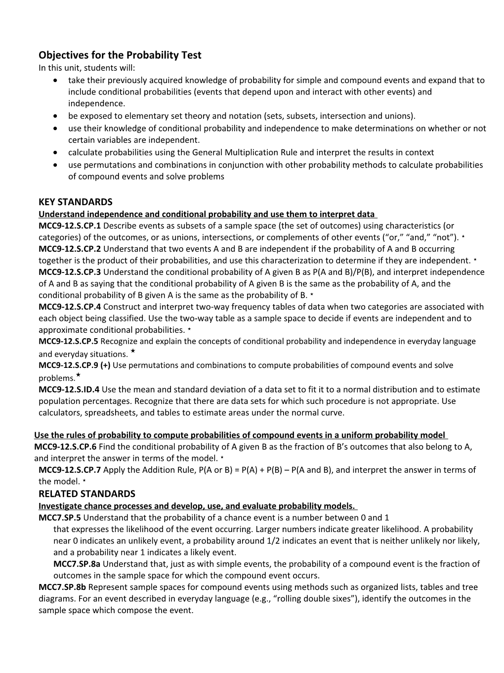 Objectives for the Probability Test