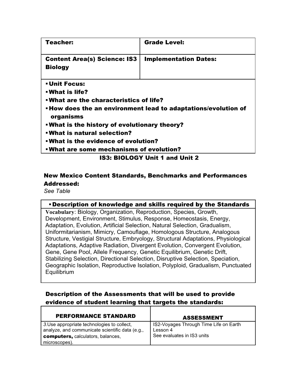 IS3: BIOLOGY Unit 1 and Unit 2