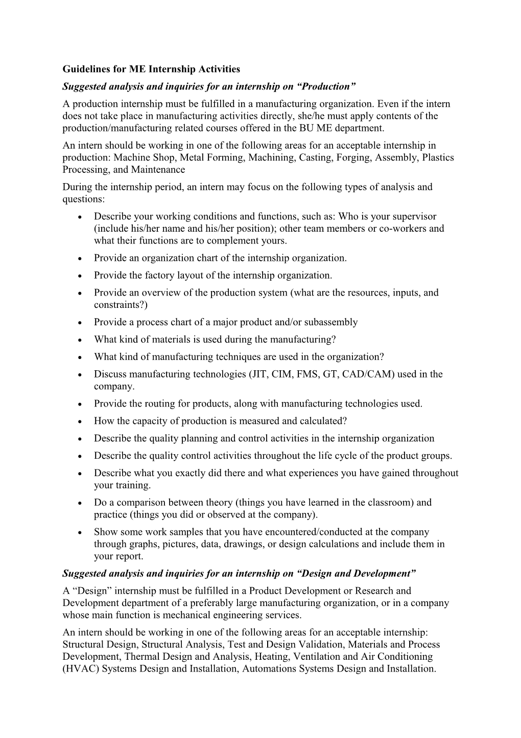 Guidelines and Suggested Topics for ME Internship Activities