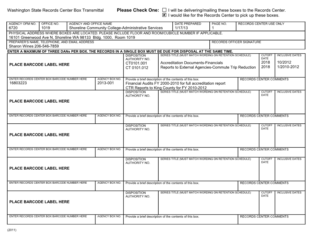 Washington State Records Center Box Transmittal