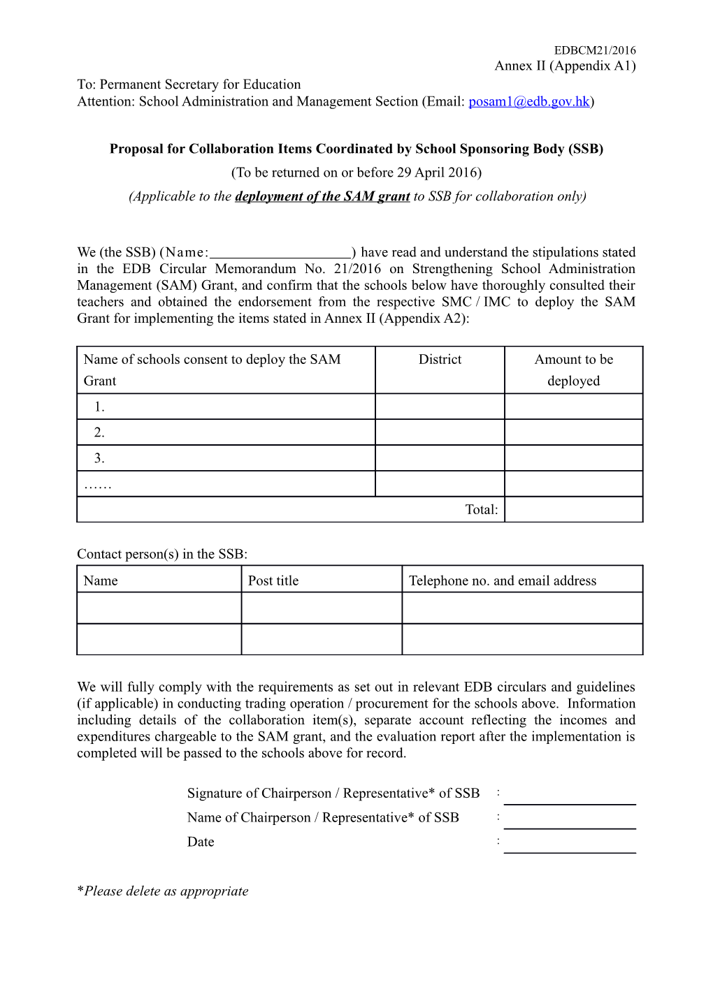 Proposal for Collaboration Items Coordinated by School Sponsoring Body (SSB)