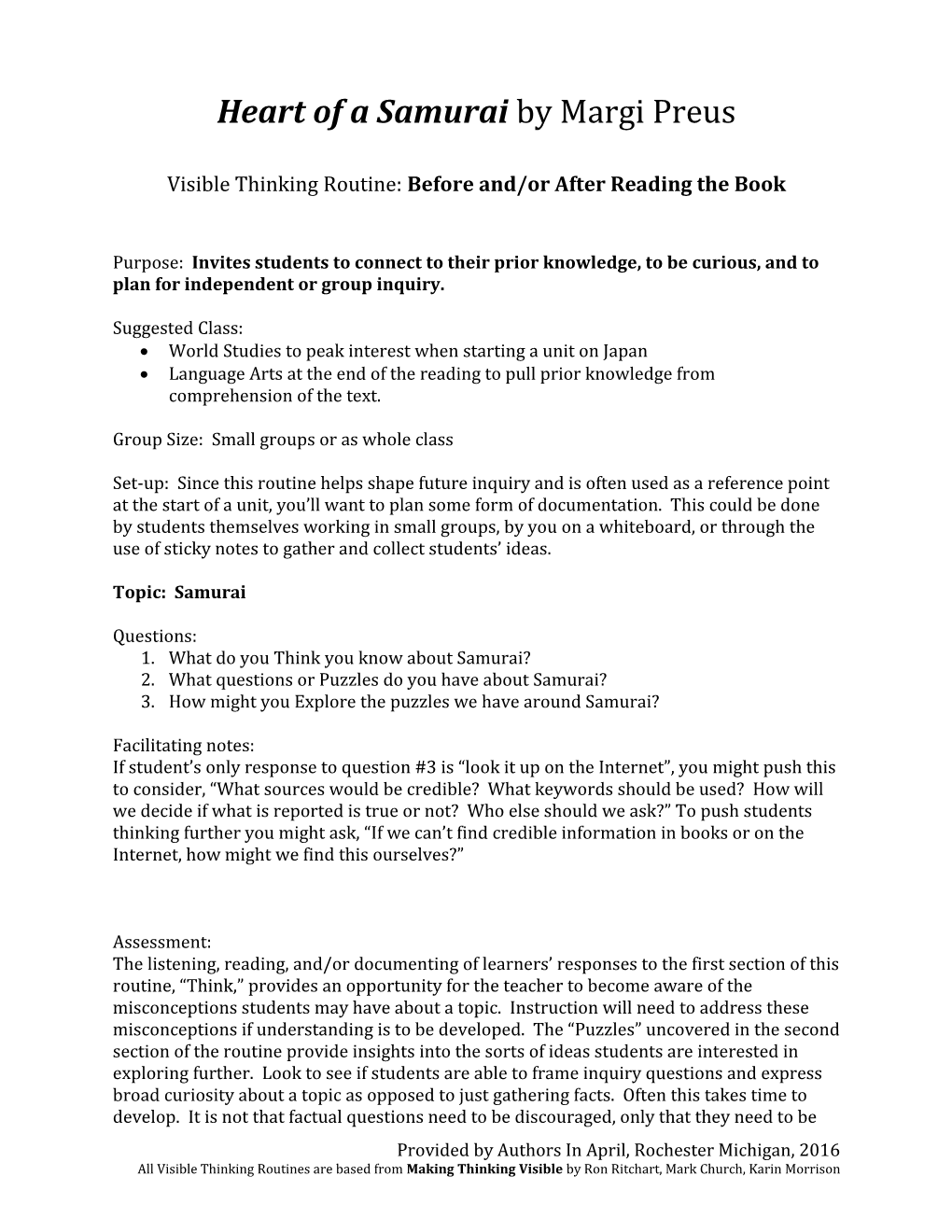 Visible Thinking Routine: Before And/Or After Reading the Book