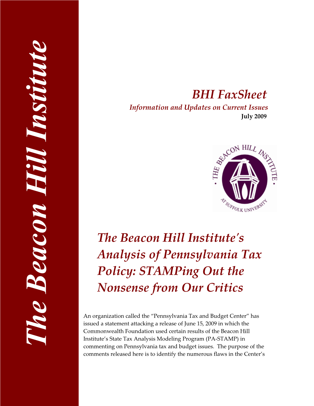 The Beacon Hill Institute's Analysis of Pennsylvania Tax Policy: Stamping out the Nonsense