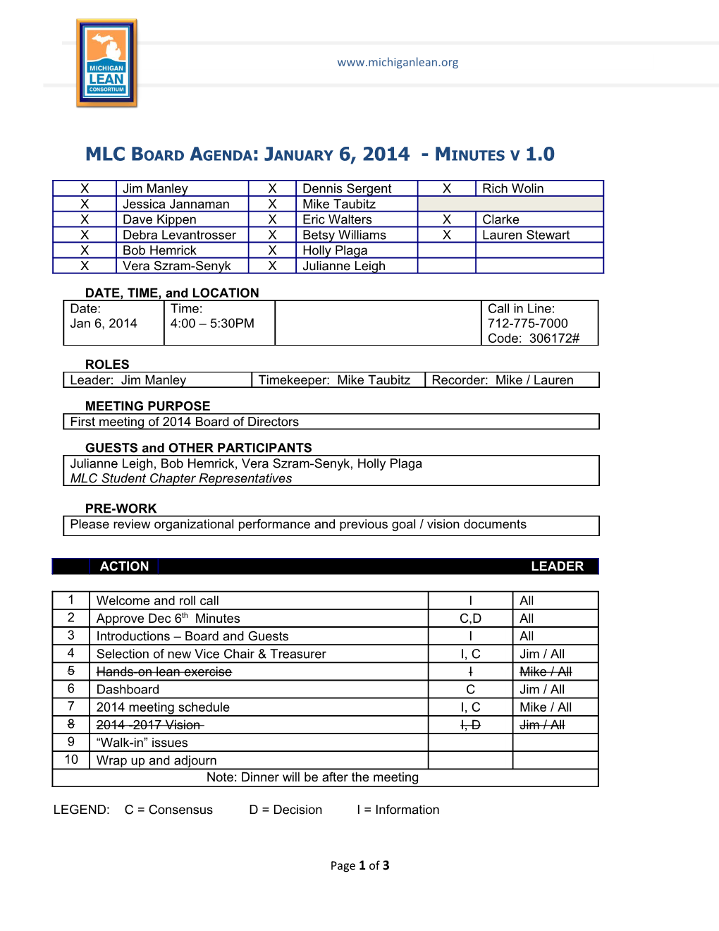 MLC Board Agenda: January 6, 2014 - Minutes V 1.0