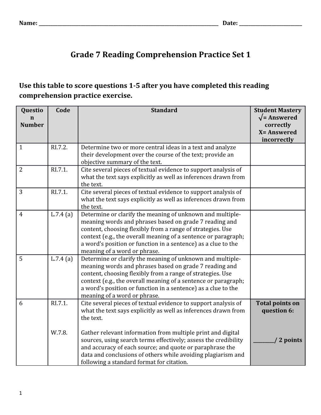 Grade 7 Reading Comprehension Practice Set 1