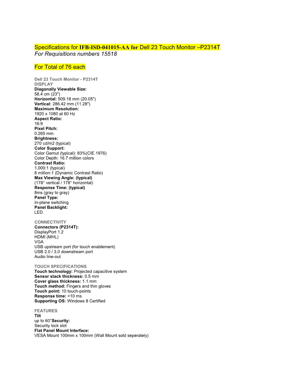 Specificationsfor IFB-ISD-041015-AA for Dell 23 Touch Monitor P2314T