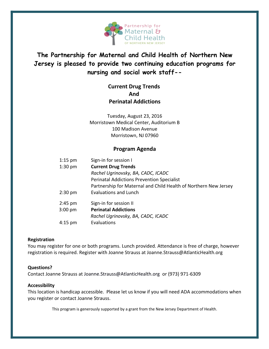 The Partnership for Maternal and Child Health of Northern New Jersey Is Pleased to Provide