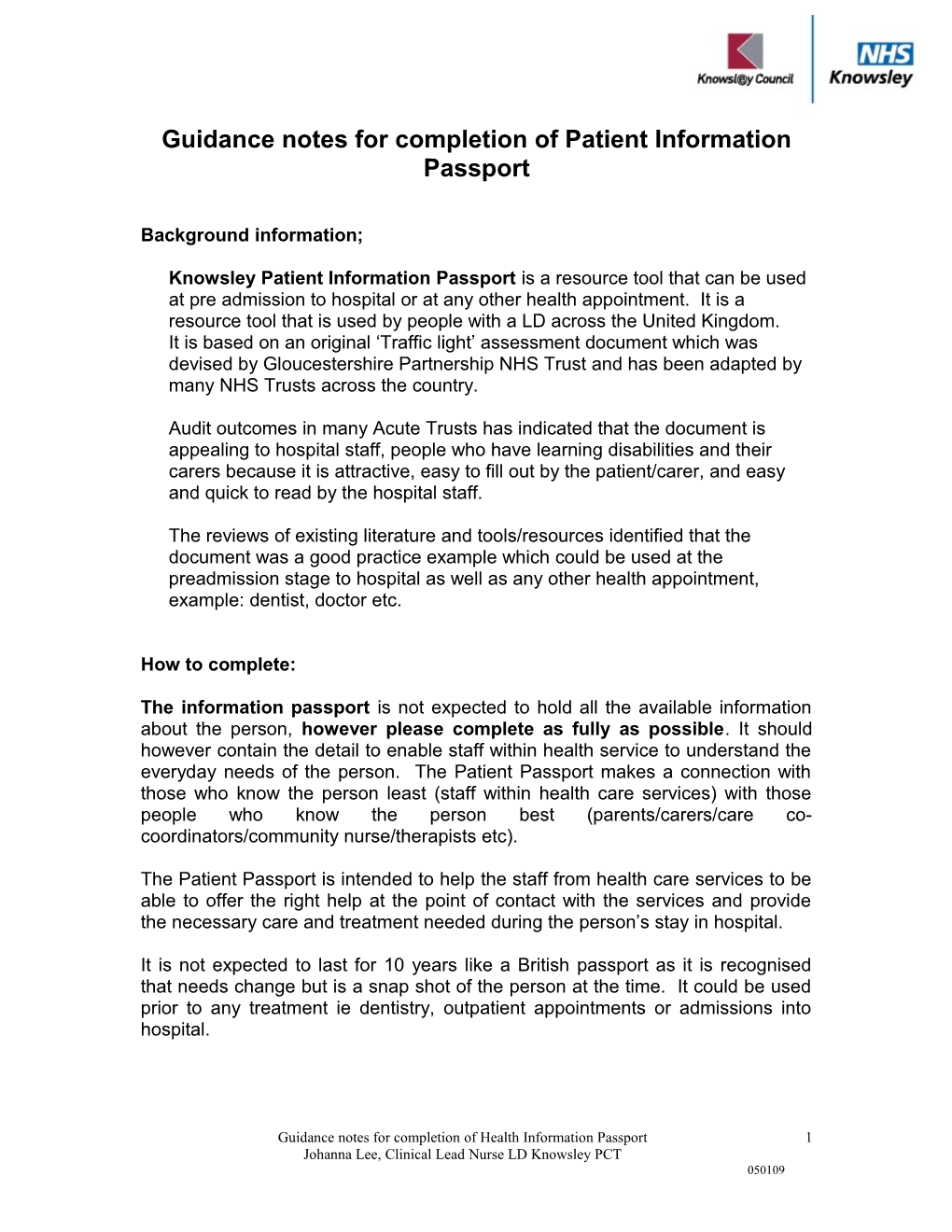 Guidance Notes for Completion of Patient Passport