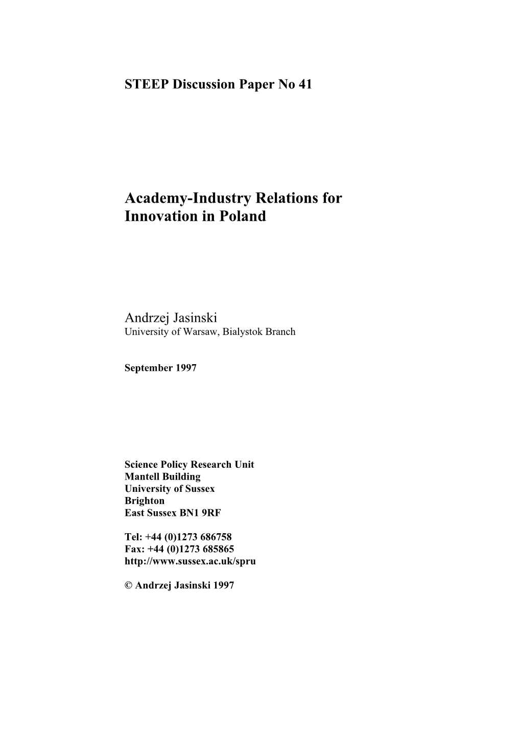 Academy-Industry Relations for Innovation in Poland