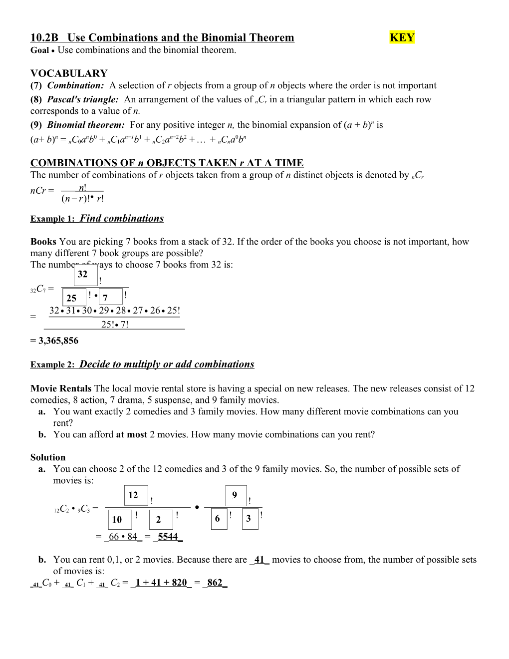 10.2B Use Combinations and the Binomial Theorem KEY